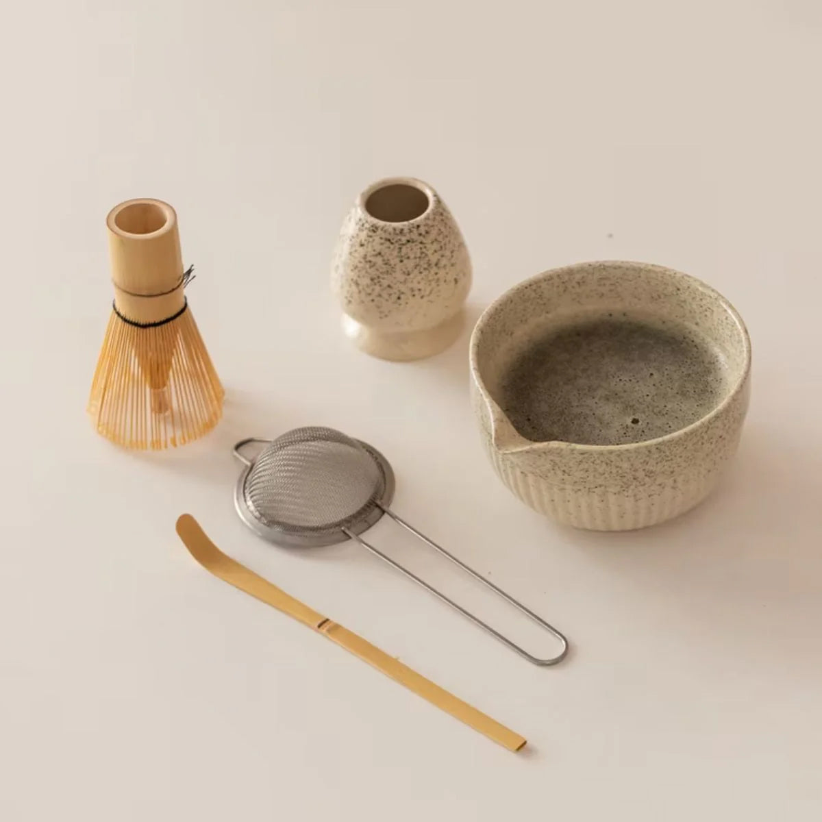 Matcha Kit, 5 pcs - Bowl, Bamboo Whisk, Whisk Holder, Bamboo Scoop, Strainer